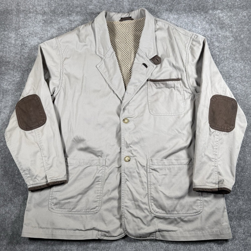 Vintage Guide Gear Jacket‎ Men's XL Beige Safari Hunting Leather Trim Chin Strap